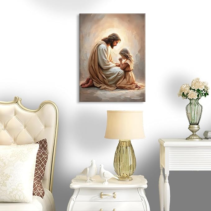 Jesus Praying with Girl Wall Art Canvas Print Jesus with Children Wall Decor - Image 5