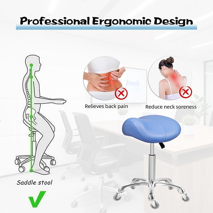 Saddle Stool Rolling Ergonomic Swivel Chair for Dental Office Massage Clinic Spa Salon,Adjustable Hydraulic Stool with Wheels (Without Backrest, Blue)
