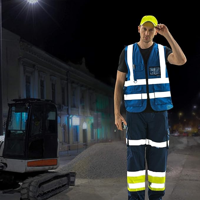 A-SAFETY Blue Safety Vest Reflective Work Vest,Hi Vis Bright Neon Color with 4 Reflective Strips 7 Pockets,Small