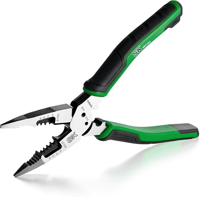 SK 8-Inch Multi-use Long Nose Pliers, Needle Nose Pliers, 7 IN 1, Premium CR-V Steel Construction, Ergonomic Anti-slip Handle for Comfortable Grip