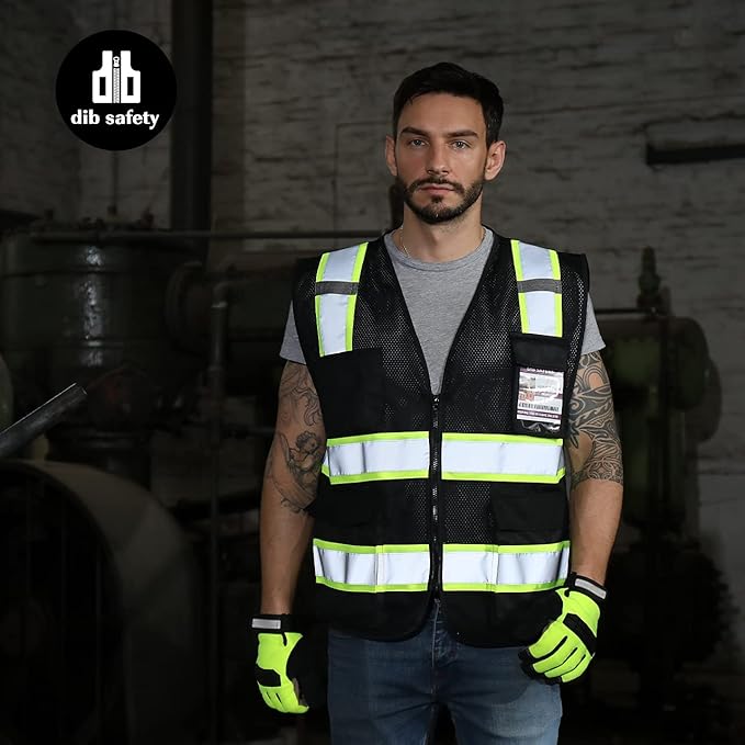 Dib Safety Reflective Mesh Vest High Visibility Two Tone with Pockets and Zipper, Black Mesh with Yellow Trim 4X