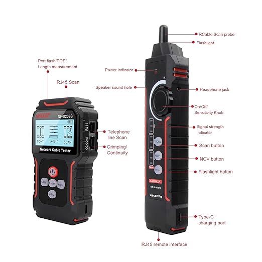 NOYAFA NF-8209S Network Cable Tester, Ethernet Cable Tester with CAT5, CAT6 Line Tracer, PoE, NCV, QCFunction,Length Test, Port Flashing,Fault Line Scan for Cable Grooming,LAN Network Cable Tracer Kit