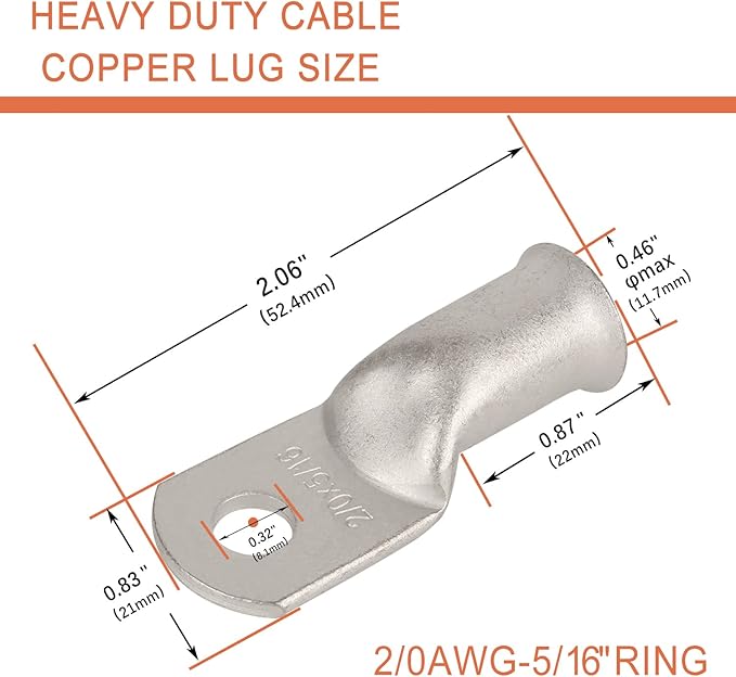 10pcs 2/0 AWG-5/16(M8) Tinned Copper Ring Terminals Battery Lugs, Heavy Duty Wire Lugs, Battery Cable Connectors