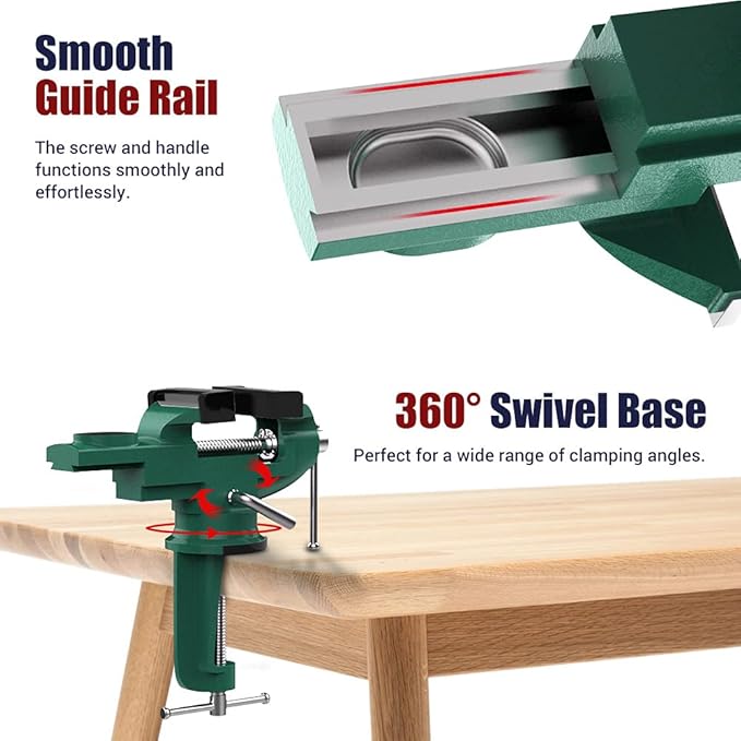Nuovoware Table Vise 3 Inch, 360° Swivel Base Universal Home Vise Portable Bench Clamp, Clamp-on Vise Bench Clamps Fixed Tool for Woodworking, Metalworking, Cutting Conduit,Drilling,Sawing, Army Green