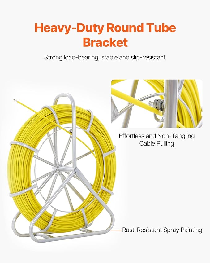 VEVOR Fiberglass Fish Tape 425 FT x 1/4 inch, Fish Tape Duct Rodder Puller with Durable Steel Stand, Non-Conductive Fishtape Wire Cable Running Rod for Walls, Floor and Electrical Conduit