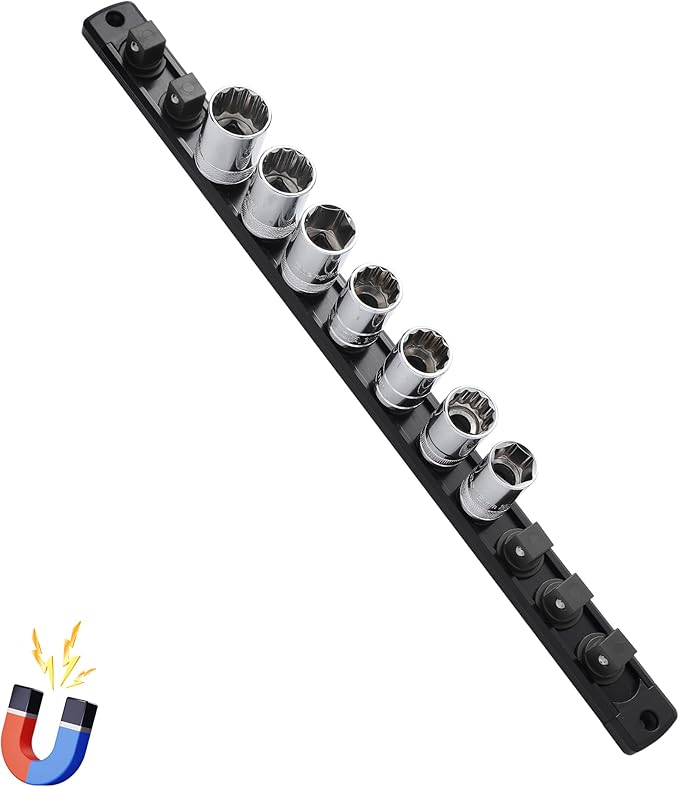 1/2-Inch Drive Magnetic Socket Organizer, Heavy Duty Aluminum Socket Rail Organizer, 360° Swivel Clips Socket Holder Kit for Tool Box, 1/2-Inch Socket Holder x 12 Clips (Black)