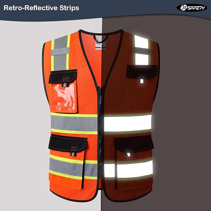 JKSafety Hi Vis Reflective Safety Vests for Men Women High Visibility Vest with Pockets Mesh Fabric Construction Safety Apparel Neon Vest for Work (220-Orange XL)