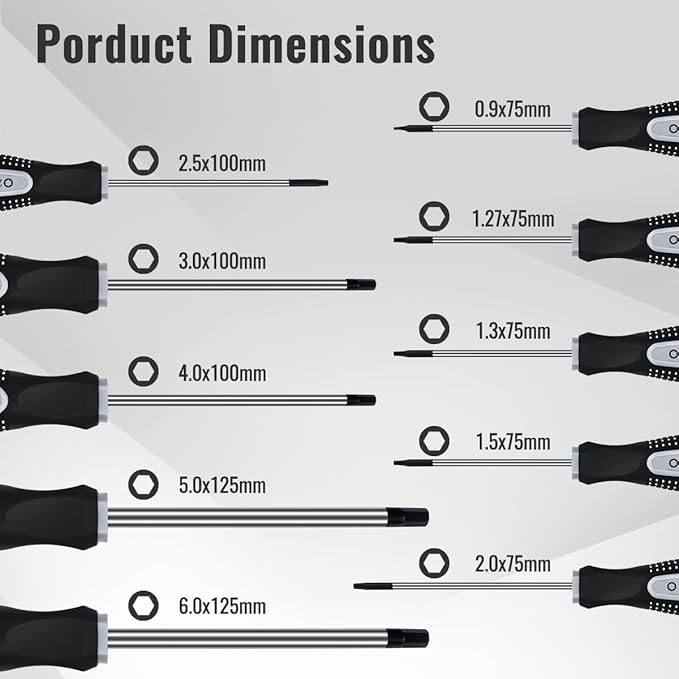Hex Allen Wrench Screwdriver Set (10 Pack in Precision & Standard Metric Sizes 0.9mm 1.27mm 1.3mm 1.5mm 2.0mm 2.5mm 3.0mm, 4.0mm, 5.0mm, & 6mm) - Perfect for RC Cars, Quadcopters, & Helicopters