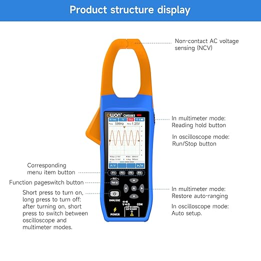 OWON CMS061 3-in-1 Bluetooth Clamp Meter – 600A AC/DC True RMS, Oscilloscope & Data Logger, 20,000 Counts, Inrush Current, NCV, IPS LCD, Rechargeable Battery
