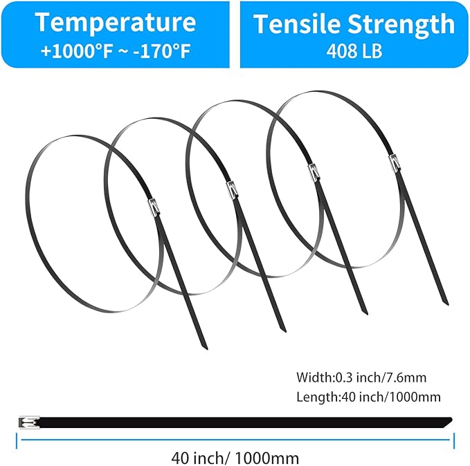 XINGO 40 inch Metal Zip Ties Heavy Duty 25 Pack, 304 Stainless Steel Zip Ties, 408 lbs Tensile Strength, Multi-Purpose Self-Locking Cable Ties for Exhaust Wrap, Outdoor and Canopy Etc