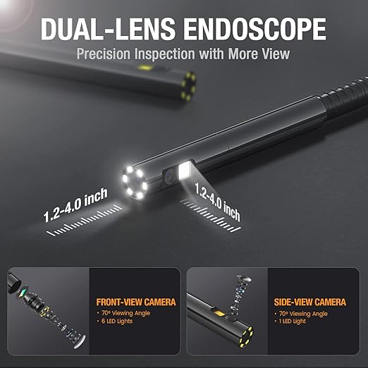 Dual Lens Endoscope with 5" Monitor, Teslong NTS500 Industrial Waterproof Borescope Inspection Camera with 0.21in Front & Side-View Double Lens with 9.8FT Probe, 5-Inch IPS LCD Screen & Case
