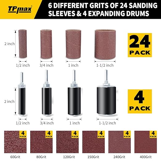 28-Piece Sanding Drum and Sleeve Kit for Drill - 2-Inch Length - Assorted Grits - Diameters of 1/2 in, 3/4 in, 1 in, and 1-1/2 inches