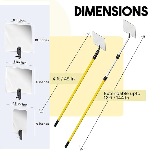 Inspection Mirror - Telescoping Heavy Duty, Lightweight & Durable, 4 ft - 12 ft Pole, 3 Size Acrylic Mirror