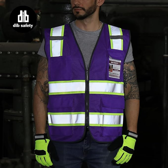 Dib Safety Reflective Mesh Vest High Visibility Two Tone with Pockets and Zipper, Purple Mesh with Yellow Trim S