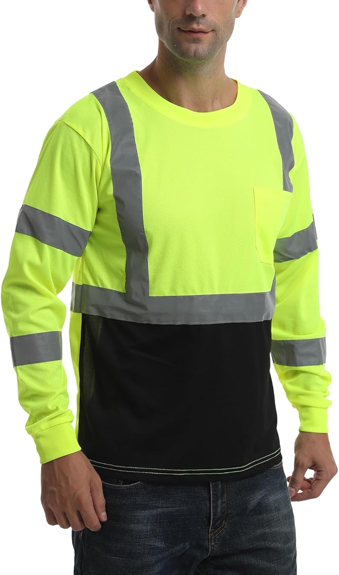 High Visibility Class 3 T Shirts，Hi Vis Safety Shirts with Reflective Strips and Pocket, Long Sleeve Quick Dry Mesh Construction Work Shirt for Men/Women Black Bottom Lime，6XL