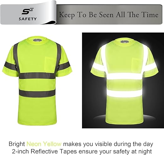 High Visibility Shirts for Men Class 3 Hi Vis Reflective Construction Shirts for Men with Pocket Safety T Shirt for Mens Work Shirt for Mens Short Sleeve