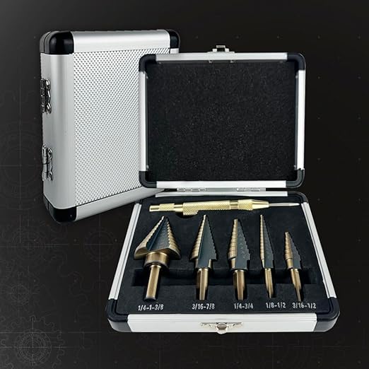 6pcs Step Drill Bits for Metal, Step Drill Bit Set 50 Sizes Tri-Flat Shank HSS Titanium-Coated with Center Punch for Aluminum, Wood, Plastic, with Aluminum Case, from Pro-Edge Technology