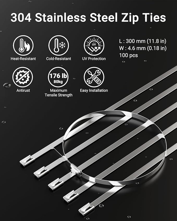 Metal Zip Tie Tool with 100 PCS 11.8 Inch 304 Stainless Steel Zip Ties, Heavy Duty Zip Tie Cutter and Tighter, for Chain Link Fence Ties and Exhasust Pipes