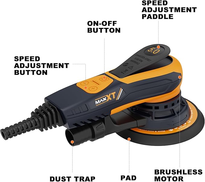 MAXXT Electric 5mm Random Orbital Sander, Palm Sander with Brushless Motor, 5&6Inch Sanding Pads, Central Vacuum, Sanders for Woodworking, Primary Wood and Panel Processing(Orange)