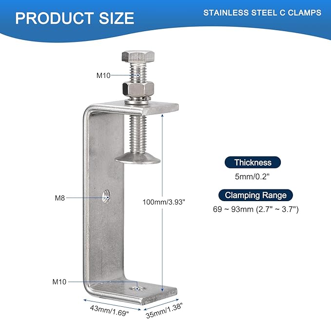 2 Pack 304 Stainless Steel C Clamps with 75mm/2.95" Stable Wide Jaw Opening Tiger Clamp for Woodworking Welding Construction Household Mount