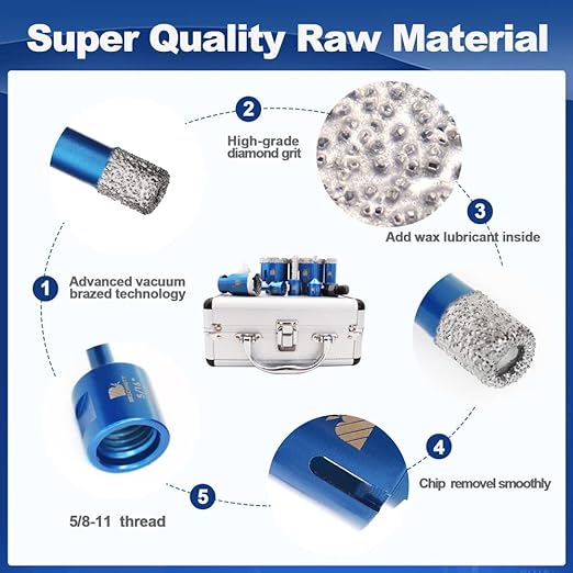 Diamond Core Drill Bit Set for Porcelain Tile Ceramic Marble Granite Drilling,BRSCHNITT 9pcs Vacuum Brazed Diamond Hole Saw with 5/8-11 Thread （1/4" 3/8" 4/5" 1-3/8" 2" 2-1/2"）