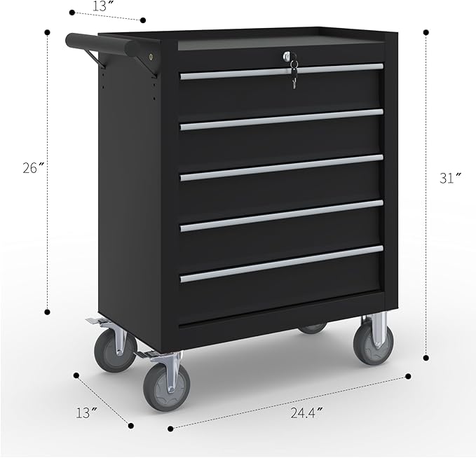 5-Drawer Rolling Tool Box, Metal Tool Chest with Wheels and Locking, Portable for Warehouse, Garage, Repair Shop, Workshop (Black, 5-Drawer)