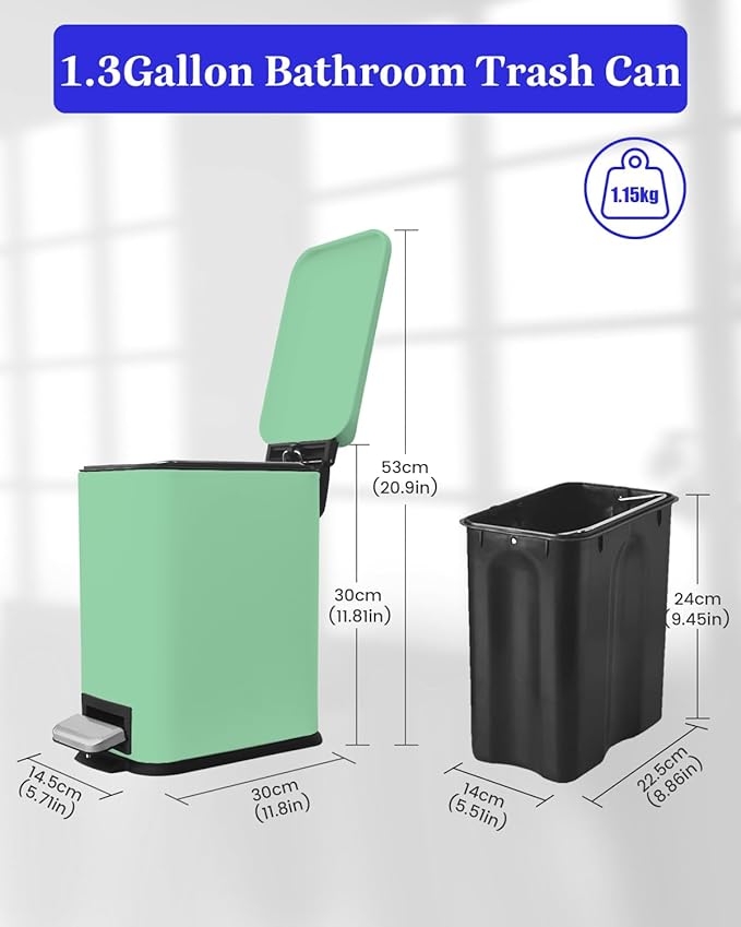 Bathroom Trash Can with Lid，5 Liter / 1.3 Gallon Small Trash Can with Removable Liner Bucket, Soft Close lid & Step Pedal, Stainless Steel Trash Bin for Bathroom,Bedroom,Home Office, Green