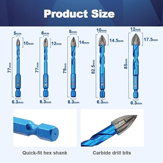 Masonry Drill Bit BRSCHNITT 10pcs Carbide Tips Concrete Drill Bit Set for Pots Bottles Ceramic Tile Glass Brick Ceramic Hex Shank