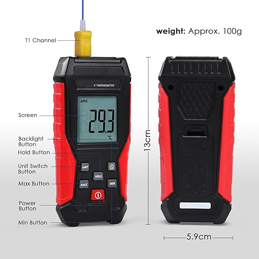 Thermocouple Thermometer Digital K Type Thermometer, Single Channel Thermocouple Tester(-328~2501℉) with 1 Temperature Clamp and 1 Wired Thermocouple Probes LCD Display Temperature Tester for K Type