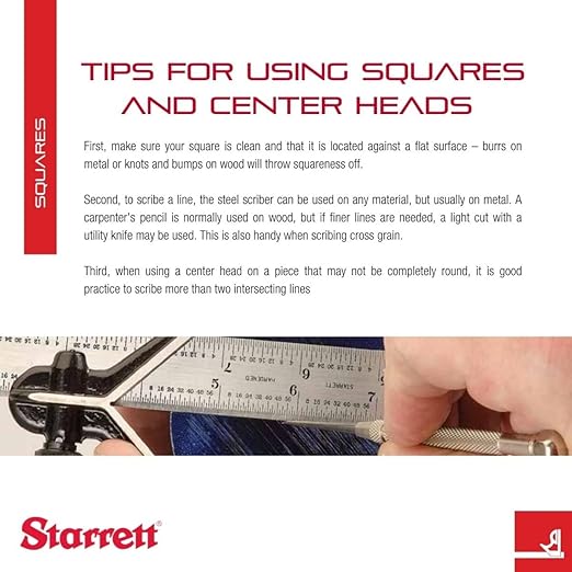 Starrett Steel Combination Square with Square Head and SLC - 12" Blade Length, Forged and Hardened Steel Heads, Reversible Lock Bolt, Scriber, Spirit Level, 4R Graduation Type - C33H-12-4RW/SLC