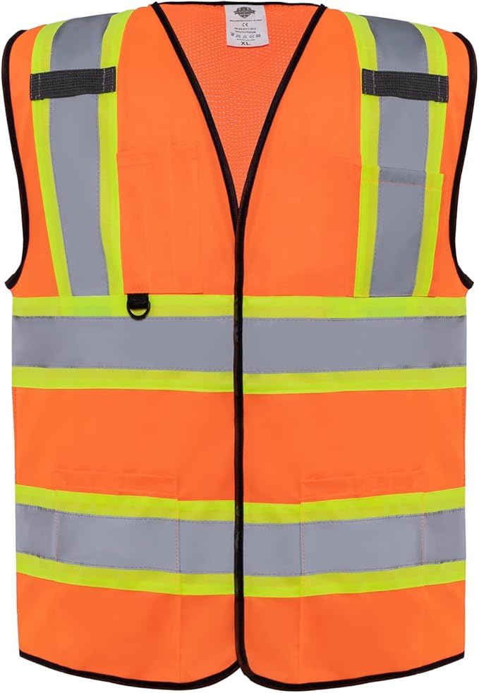 Dazonity High Visibility Safety Vest with Multi Pockets, Reflective Strips, Fit for Men & Women, Work, Construction,Cycling, Runnning, Surveyor, Volunteer (Orange-3XL)