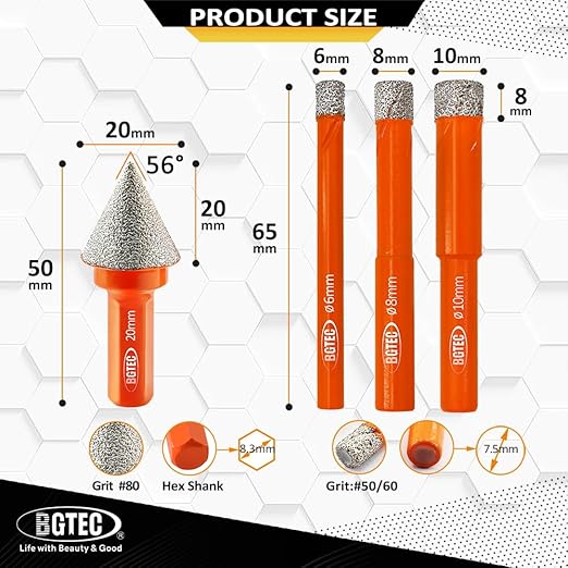 Dry Diamond Drill Bit Set - BGTEC 6/8/10mm Hole Saw and 1pc 4/5" Dimaond Chamfer bit for Granite Marble Porcelain Ceramic,Vacuum Brazed Diamond Core Drill Bit Kit