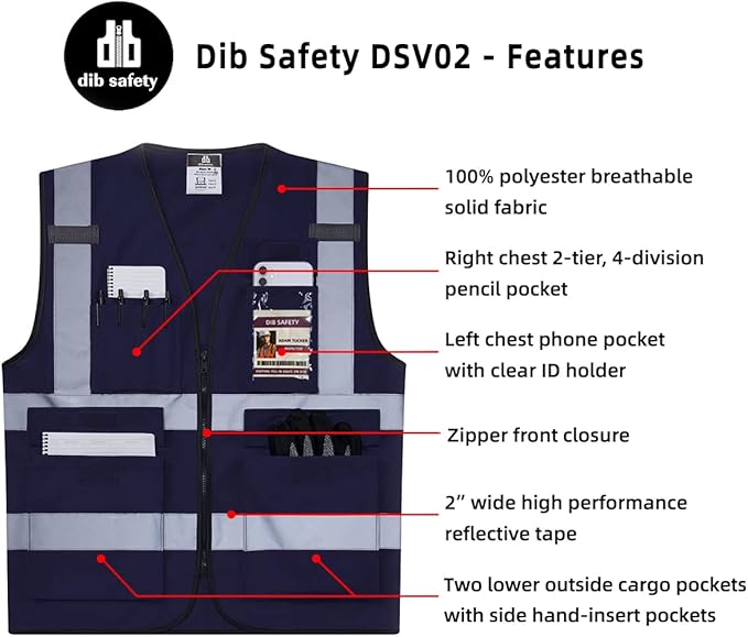 Dib Safety Reflective Vest High Visibility with Pockets and Zipper, Navy M