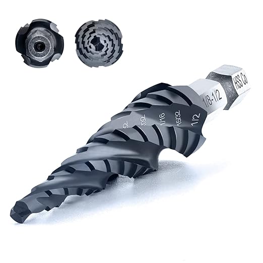 toolant Four Spiral Flute Cobalt Step Drill Bit(Pro), 1/8"-1/2" Impact Ready Unibit Step Drill Bit, 1/4" Hex Shank Unibit for Metal, Stainless Steel, Aluminum, Plastic