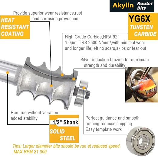 5pcs Triple Beading Router Bit Set,1/2" Shank,Radius 3/32",1/8",5/32", 5/32" and 3/16",Bearing Guided Cutters for Wood Multiple Beads Profiling,Molding,Edging
