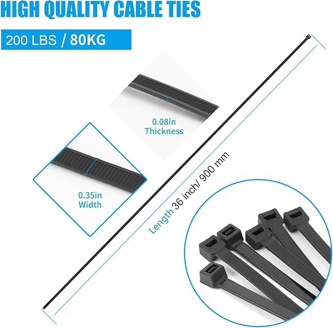 Black Zip Ties Heavy Duty, 35 Inch Extra Long 220 lbs Tensile Strength Large - Image 3