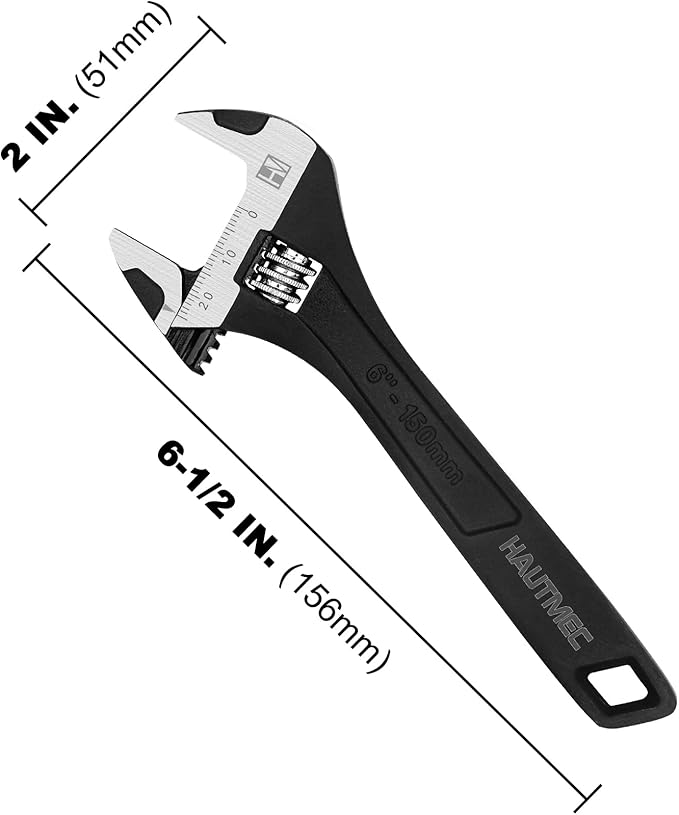 HAUTMEC 6 inch Adjustable Wrench Extra Wide Jaw Black Finish Adjustable Wrenches Drop-Forged CR-V Steel Metric & SAE Scales for Home Garage Workshop DIY