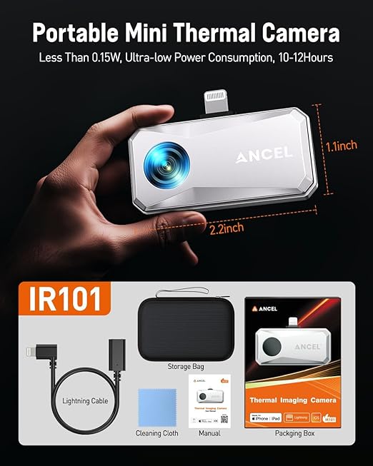 ANCEL IR101 Thermal Camera, 512x384 IR Resolution Thermal Imaging Camera for iPhone iPad (iOS) with Lightning Port, 25Hz Frame Rate Infrared Camera for Home/Pets/Electrical/Industrial/PCB Inspection