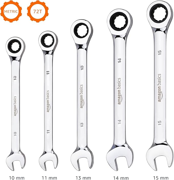 Amazon Basics Ratcheting Wrench Set, Metric, 5 Piece, Black/Silver