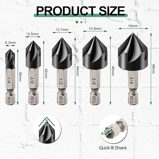 Countersink Drill Bit Set - M35 HSS TIALN Coated Countersink Drill Bit for Stainless Steel Iron Aluminum Copper, 5pcs 1/4"-3/4" Countersink Chamfer Bit Quick Change Shank Fixed On Drills