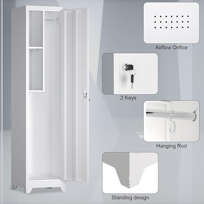 Metal Tall Broom Storage Cabinet, 65" Broom Closet Cabinets with Adjustable Shelves and S-Hooks, Slim Bathroom Cabinet, Metal Storage Cabinets for Home Office, Pantry, Bathroom