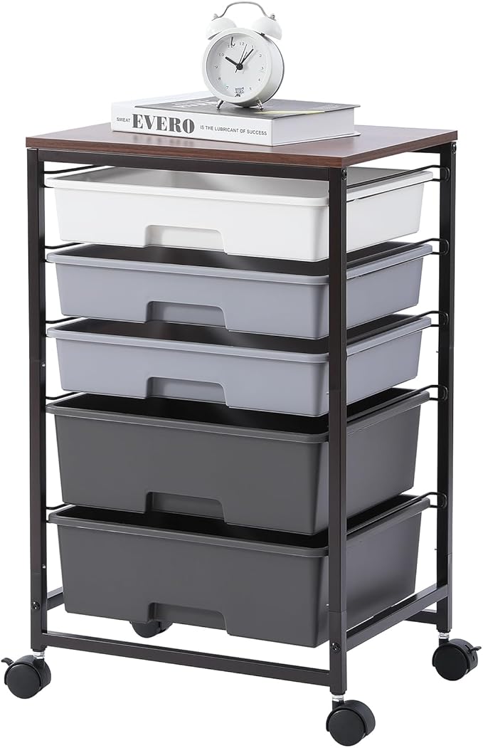 SYKIARIOL Utility Cart with 5 Drawers, Storage Drawer Cart with Wooden Tabletop by SYKIARIOL