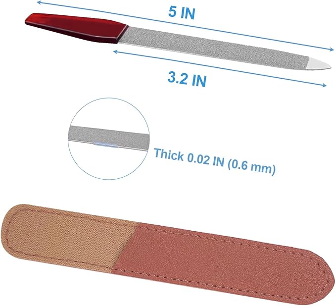 3 Pack Metal Nail File with Sharp Pointed Tip and Leather Sheath Case for Natural Nails, 5 Inches Fingernail Files Stainless Steel Manicure Double Sided Sapphire Grit Nail Filer Silver Brown