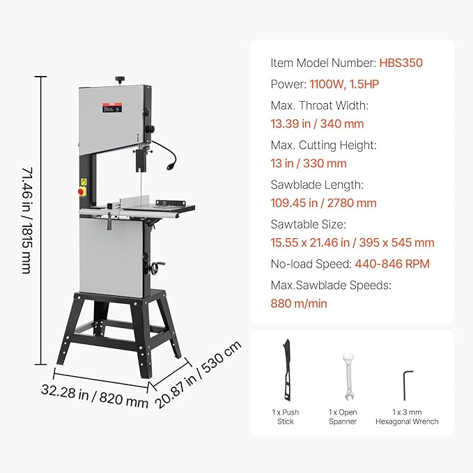 VEVOR Band Saw, 13.39-Inch, Benchtop Bandsaw with Stand, 440-846 RPM Continuously Viable Speed, 1100W 1-1/2HP, 110V, Optimized Work Light, and Miter Gauge, for Woodworking Aluminum Wood Metal Copper