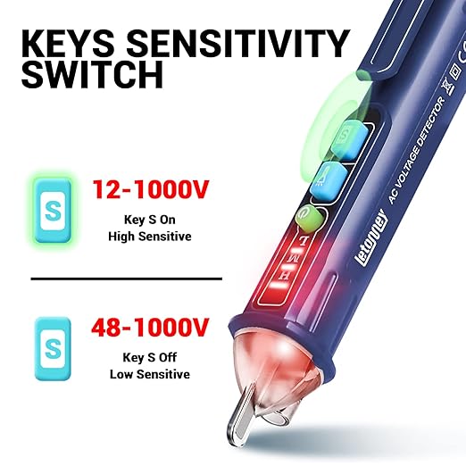 Voltage Tester, Non Contact AC Voltage Tester Pen, Wire Breakpoint Finder, Dual Range 12V-1000V/48V-1000V, Buzzer Flashing LED Alarm, Flashlight (Blue)