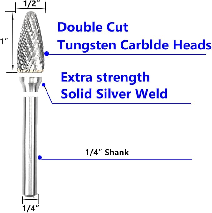 Carbide Burr Set 1/4" Shank SF-5 Die Grinder Bits Tungsten Double Cut Burr Bits (1/2" Cutter Dia X 1" Cutter Length) for Die Grinder Kits Metal Grinding Drilling Polishing (3pcs)