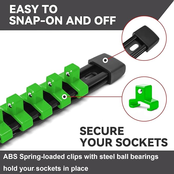 ALOANES 3 PC ABS Socket Organizer, 3/8 inch, Drive Socket Rail Holders, Heavy Duty Socket Racks, Black Rails with Green Clips