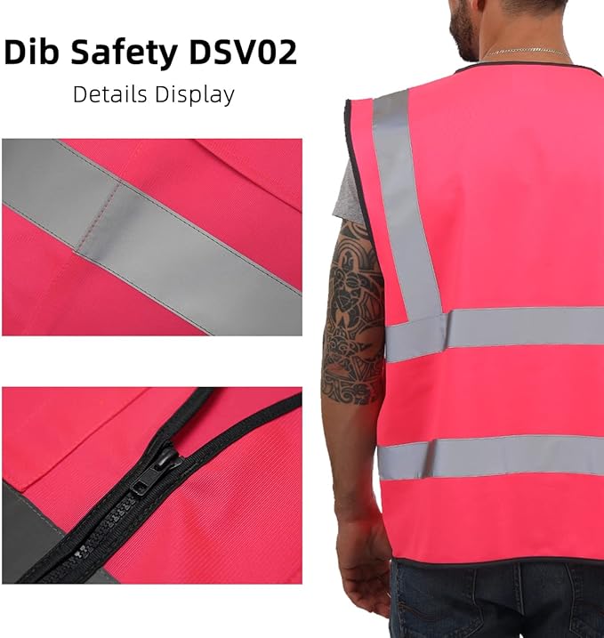 Dib Safety Reflective Vest High Visibility with Pockets and Zipper, Pink S