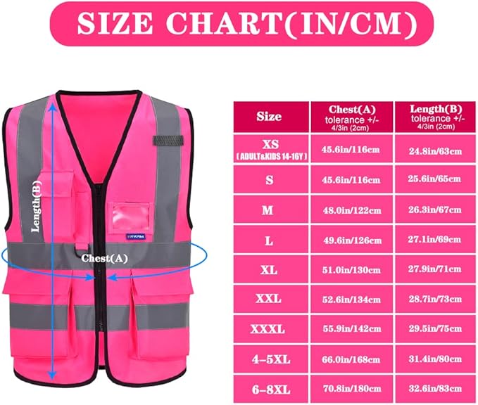 A-SAFETY Pink High Visibility Vest,Reflective Safety Vest Workwear 7 Pockets Hi Vis Durable Vest with Reflective Tapes 4 Lower Pockets,Small