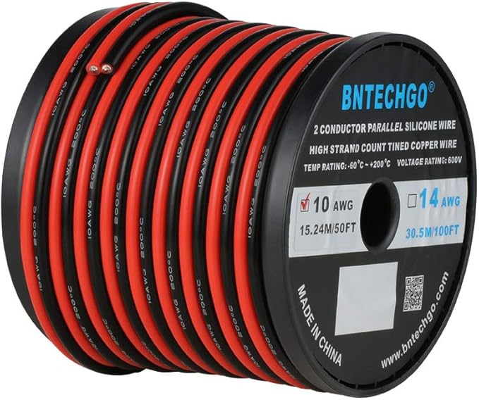 BNTECHGO 10 Gauge Flexible 2 Conductor Parallel Silicone Wire Spool Red Black High Resistant 200 deg C 600V for Single Color LED Strip Extension Cable Cord,Model,50ft Stranded Tinned Copper Wire